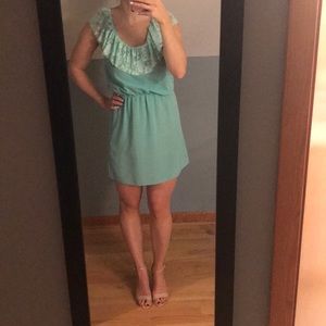 Teal mini dress with lace overlay